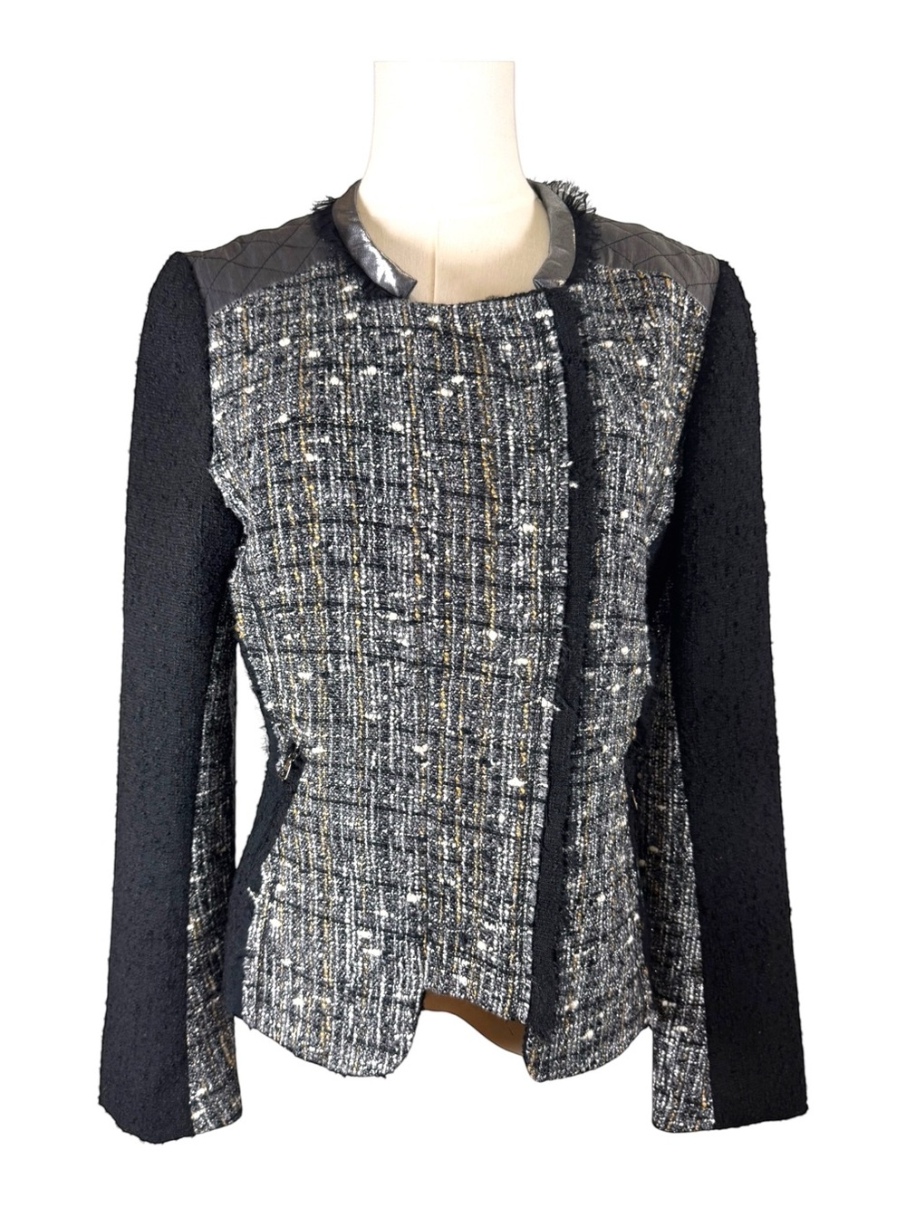 Yoana Baraschi Grey Boucle Tweed Fringed Moto Asymmetric Zip Jacket 8 | NWT